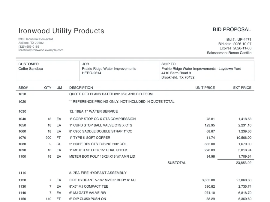 Ironwood Utility Products bid proposal, page 1: numbered rows with no part numbers, a note that reference pricing is not in the quote total, and HDPE tubing priced in 500-foot coils.